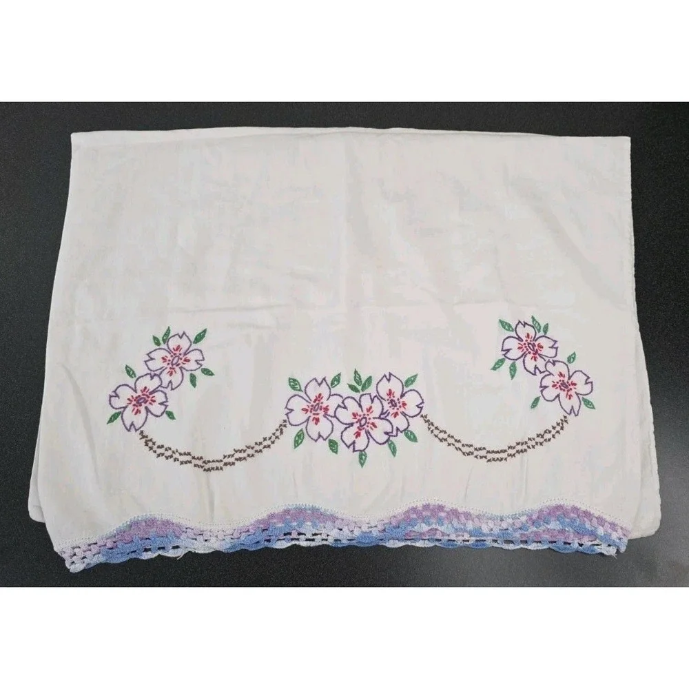 Vintage Pillowcase Hand Embroidery Crochet Trim Lavender 28x19 Cottage Boho Core
